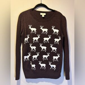 Loft Sweater Womens medium Brown White Deer Knit Cotton Festive Winter Reindeer